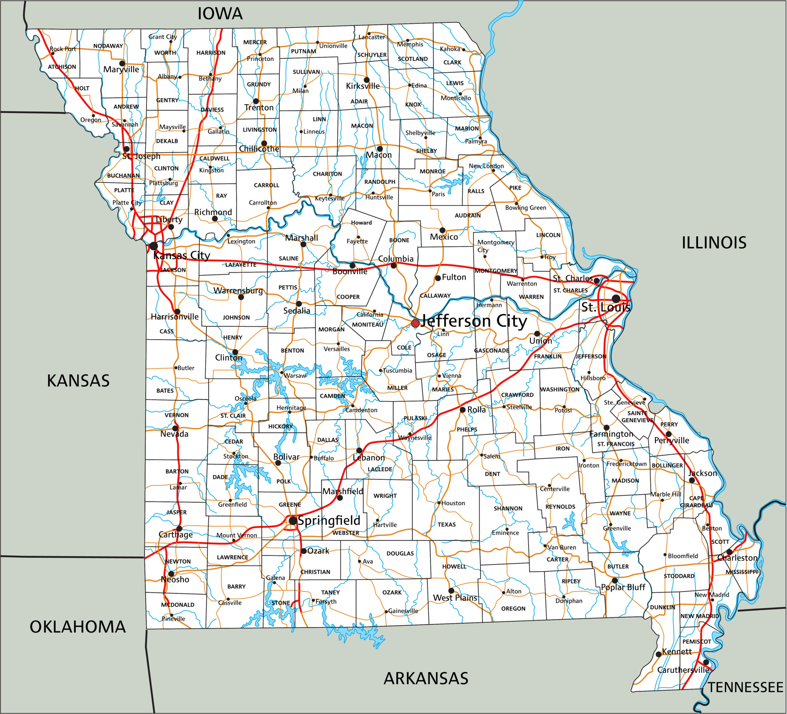 High detailed Missouri road map with labeling.